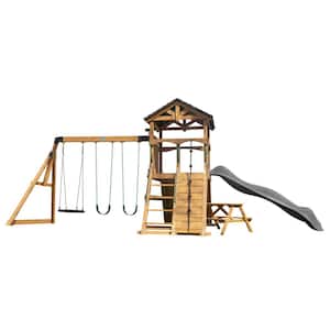 Endeavor II All Cedar Wood Children's Swing Set Playset with Elevated Clubhouse Gray Wave Slide and Picnic Bench