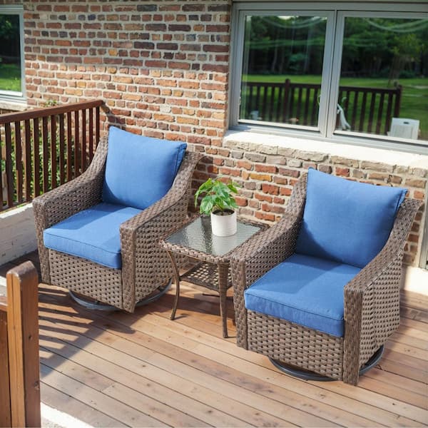 moosprr 3-Piece Brown Wicker Patio Conversation Set with Blue Olefin Cushions and 4 In. Wide Armrest/Patio Swivel Chairs