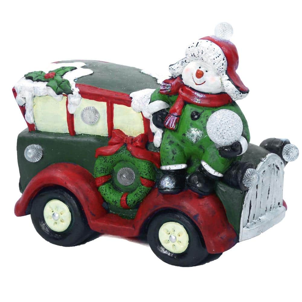 12 in. Tall Snowman and Retro Car Statue with Color Changing LED Lights