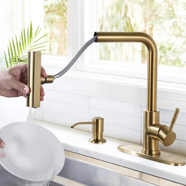 3 Modes Single Handle Waterfall Pull Down Sprayer Kitchen Faucet with Soap Dispenser in Gold