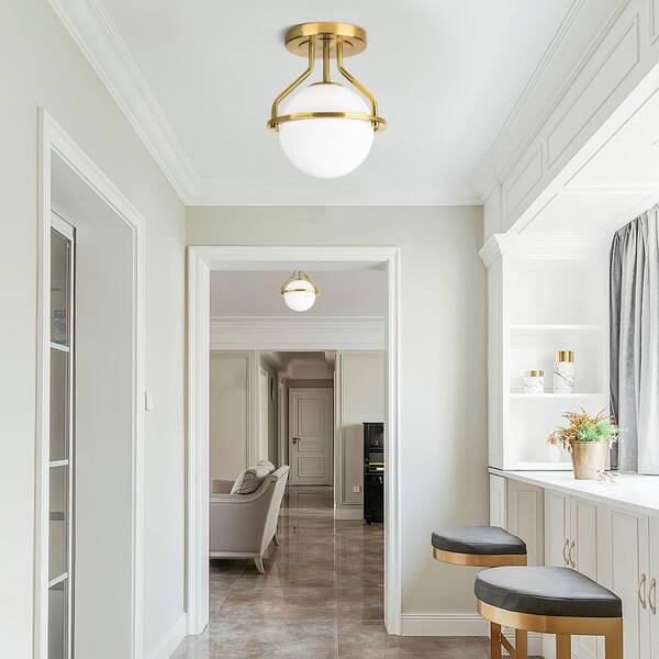 Brass Gold Semi Flush Mount Ceiling Light - Farmhouse Style With Glass Globe Shade, For Hallway, Kitchen, Porch