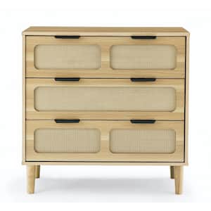 31.5 in. W x 13.75 in. D x 31.25 in. H Natural Wood Brown Rattan Linen Cabinet with 3 Wide Drawers and Metal Handles