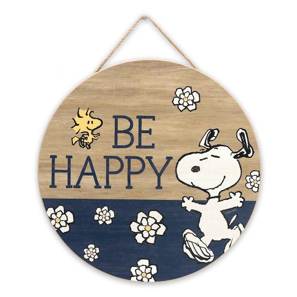 Peanuts 11 in. Tan Snoopy and Woodstock Be Happy Floral Round Colorblocked Hanging Wood Wall Decor