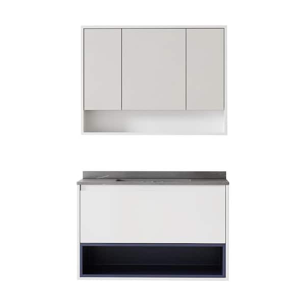 Mediterraneo 32 in. Lancaster White Vanity Gray Top with Ceramic Basin Includes Mirror with 3-Door Cabinet