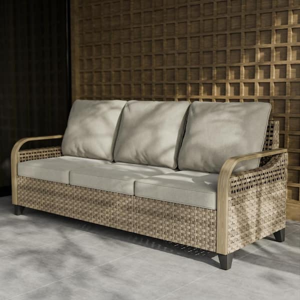 3 Seat Wicker Outdoor Patio Sofa Couch with Gray Cushions