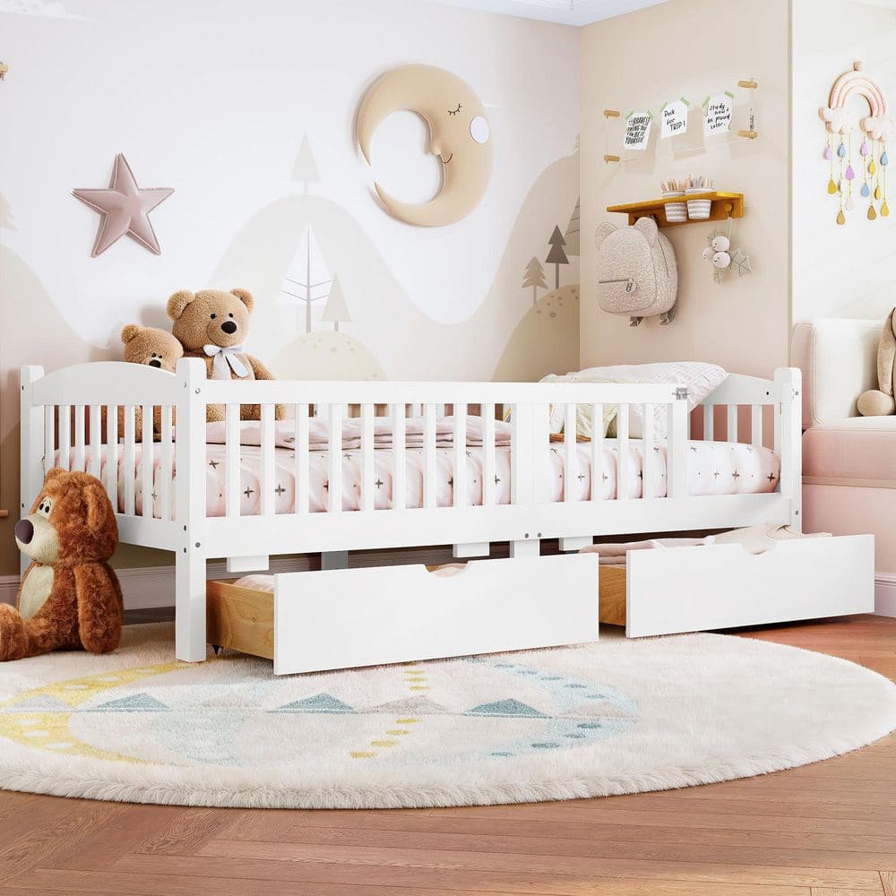 White Wood Frame Twin Size Platform Bed with Full-length Guardrails,storage Drawers