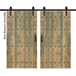Mid-Century New Style 84 in. x 84 in. Aged Barrel Finished Solid Wood Double Sliding Barn Door with Hardware Kit