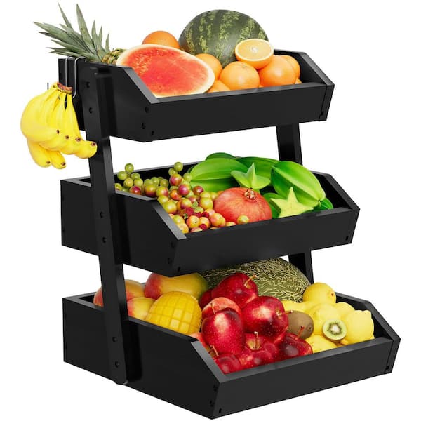 Bamboo 3-Tier Large Capacity Ventilated Fruit Basket with Banana Hangers, Non-Slip Pads, and Easy Assembly Set