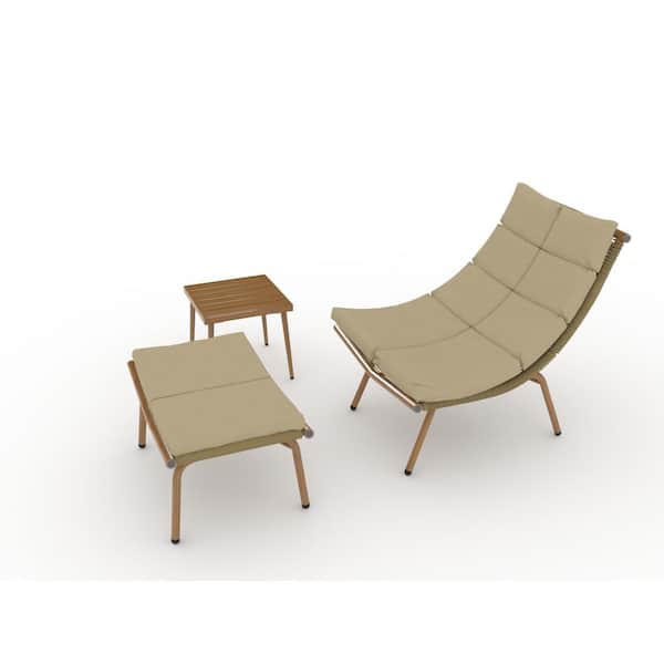 Unbranded Wood -Color Alloy Rattan Metal Outdoor Chaise Lounge Chair with Table with Green Cushion for Camping, Garden, Sunbathing