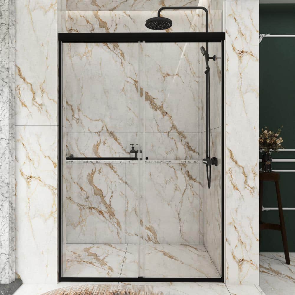 48 in. W x 72 in. H Sliding Framed Shower Door in Matte Black Finish with C