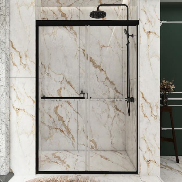 Unbranded 48 in. W x 72 in. H Sliding Framed Shower Door in Matte Black Finish with Clear Glass