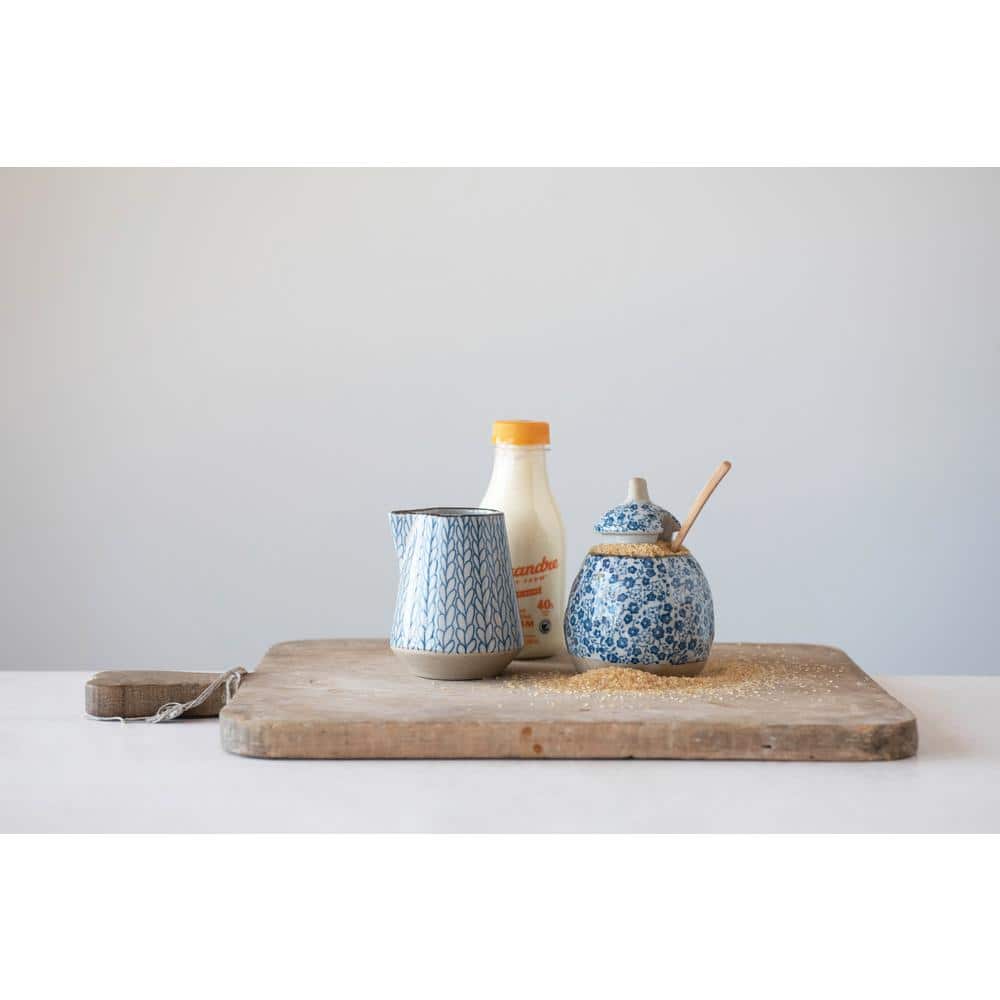 Hand-Painted Blue Floral Stoneware Sugar and Creamer Set