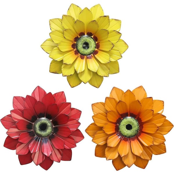 Cubilan 9 in. x 9 in. 3 Pieces Red Yellow and Orange Metal Flower Wall Decor Sculpture for Indoor Outdoor