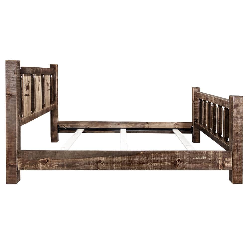 Queen Early American Pine Wood Panel Bed with Elk Motif
