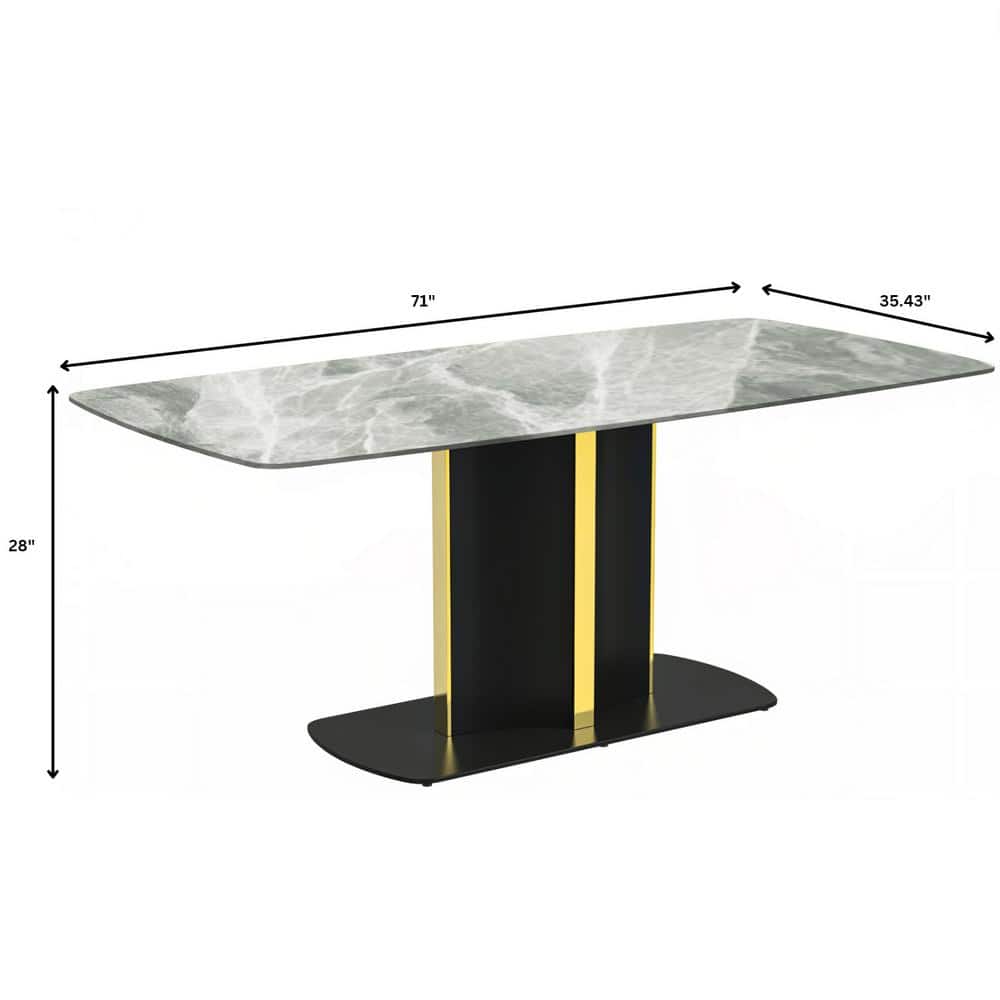 Sylva 71" Light Grey Glass Top Dining Table with Black and Gold Steel Base