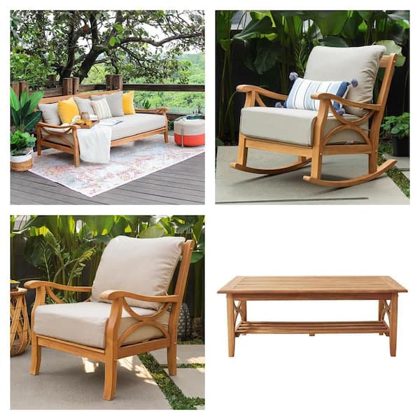 Kinsley Teak Wood Outdoor Set: Rocking Chair, Sofa Day Bed, Lounge Chair with Beige Cushions and Coffee Table