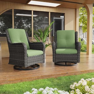 Wicker Outdoor Patio Swivel Rocking Chair with Green Cushions (2-Pack)