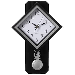 Traditional Black Square Wood- Looking Pendulum Plastic Wall Clock for Living Room, Kitchen, or Dining Room