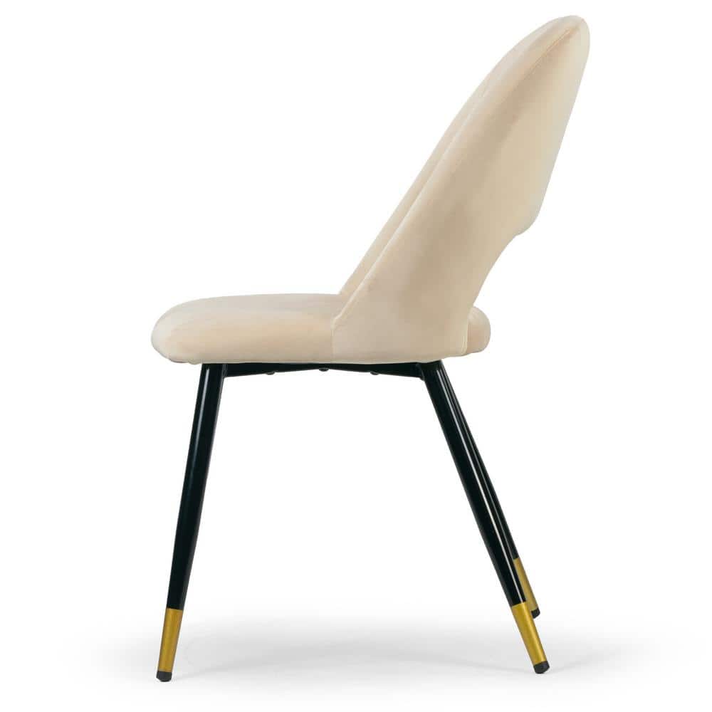 Beige Velvet Upholstered Side Chair with Black Metal Legs