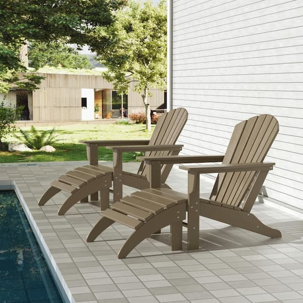 Mason Weathered Wood 4-Piece Poly Plastic Outdoor Patio Classic Adirondack Fire Pit Chair Set W/ 2-Chairs and 2-Ottomans