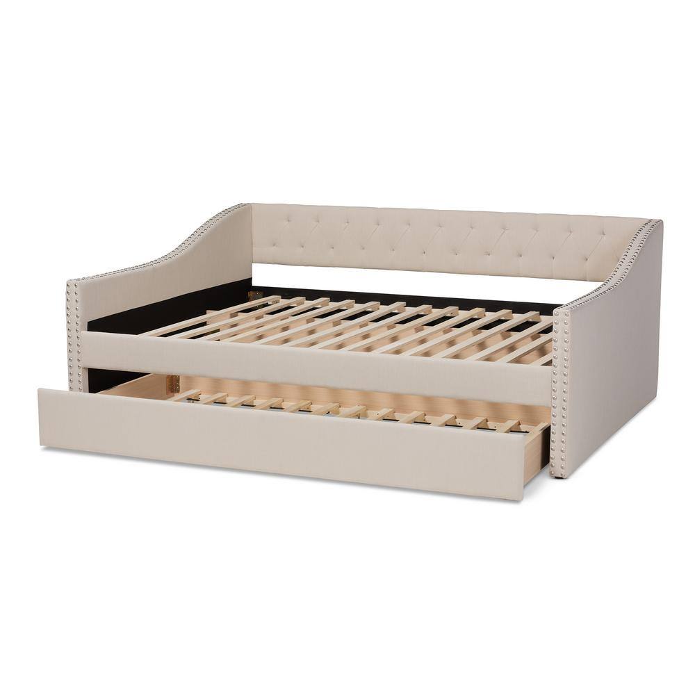 Beige Upholstered Full Size Daybed with Trundle and Nailhead Trim