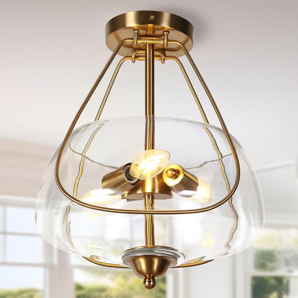 LNC Modern Brass 3-Light 11.8 in. Semi-Flush Mount Ceiling Light with  Geometric Clear Glass Shade and Candlestick L2AUEQE5231D9C - The Home Depot