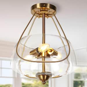 Modern Brass 3-Light 11.8 in. Semi-Flush Mount Ceiling Light with Geometric Clear Glass Shade and Candlestick