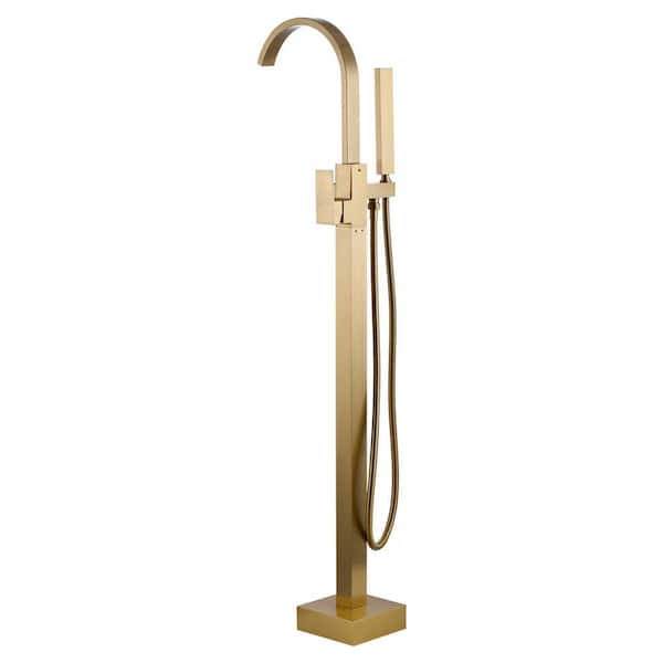 Single-Handle Waterfall Floor Mount Freestanding Tub Faucet Bathtub Filler with Hand Shower in Brushed Gold