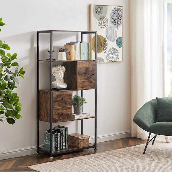 5-Tier Bookcase with Storage Cabinet and 2-Drawers, Brown Modern Industrial Bookshelf for Living Room or Study 62 in.