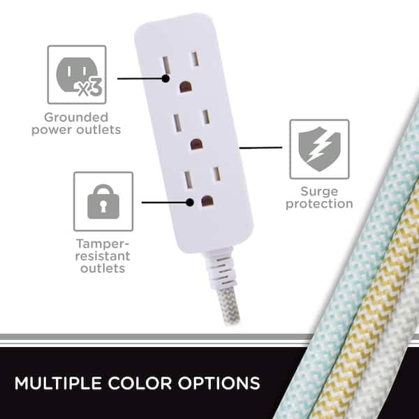 Cordinate Designer 3-Outlet Extension Cord, 2-Prong Power Strip, Extra Long  8 Ft Cable with Flat Plug, Braided Chevron Fabric Cord, Slide-to-Close  Safety Outlet… in 2023