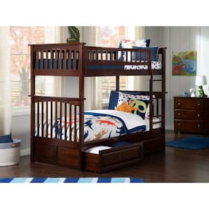 Columbia Bunk Bed Twin over Twin with 2 Raised Panel Bed Drawers in Walnut