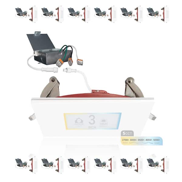 3 in. 2 Hour Fire Rated White Square Slim Canless Integrated LED Recessed Light 8W, 5CCT 27K-50K, Dimmable IC Rated 12PK