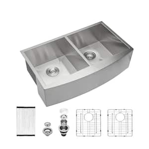 36.00 in. Farmhouse/Apron-Front Double Bowl (50/50) Stainless Steel Kitchen Sink 18 Gauge with Two 9 in.  Deep Basin