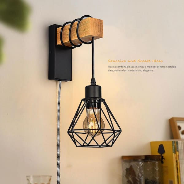 Industrial 5.9 in. Plug in 1 Light Wood Base Wall Sconces with Black Cage Shade, Adjustable Height Wall Lamp, E26 Base