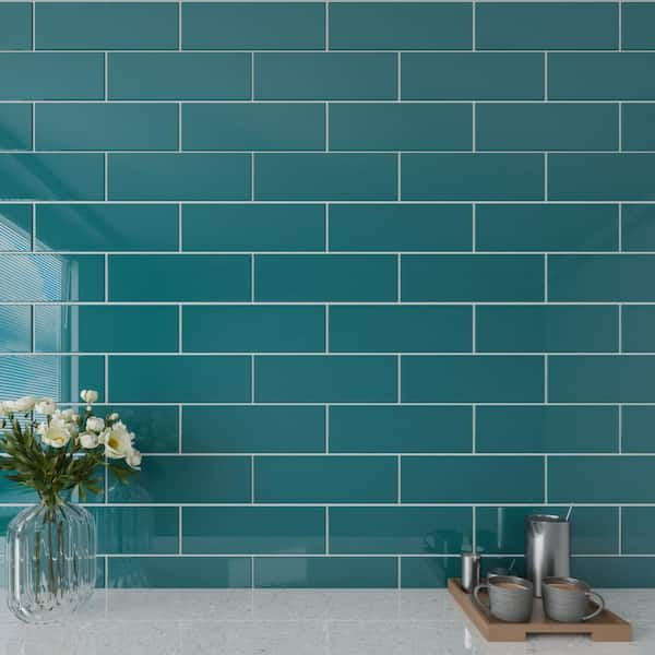 Giorbello Dark Teal 4 in. x 12 in. x 8mm Glass Subway Tile (5 sq. ft ...