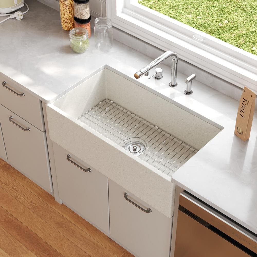 Grit Yellow 33" Concrete Farmhouse Kitchen Sink with Stainless Steel Grid
