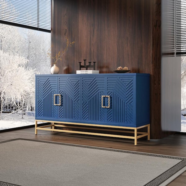 Harper & Bright Designs Retro Style Navy MDF 59.8 in. Sideboard with Adjustable Shelves, Rectangular Metal Handles and Legs