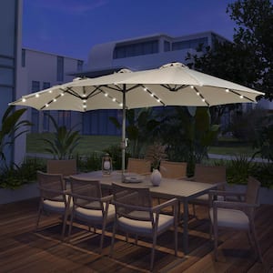 15 ft. Steel Patio Double-Side Market Umbrella with Base and Solar Light with Base in Beige