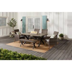 Rock Cliff 6-Piece Brown Wicker Outdoor Patio Dining Set with Bench and CushionGuard Stone Gray Cushions