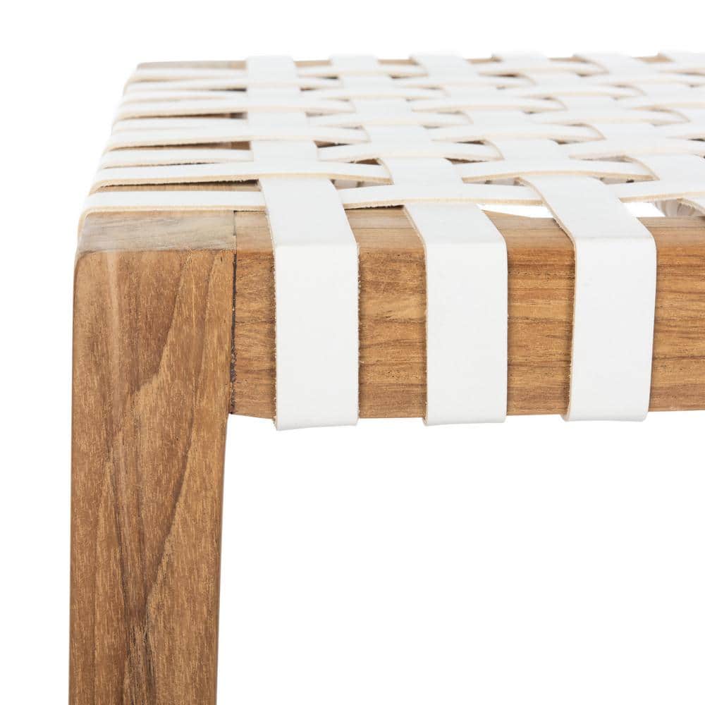 Natural Teak and White Leather Backless Counter Stool