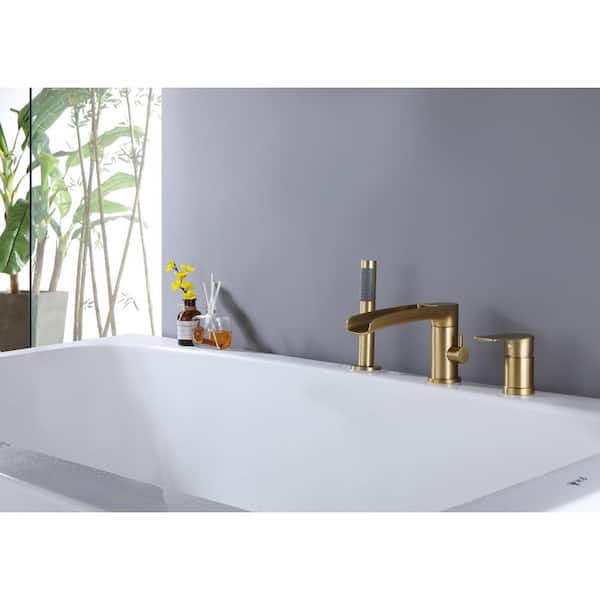 Nestfair 2-Handle Deck Mount Roman Tub Faucet with Hand Shower in Brushed Gold
