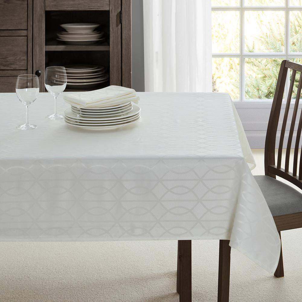 Ivory Jacquard Teflon Treated Rectangular Tablecloth, 60 x 120 Inch