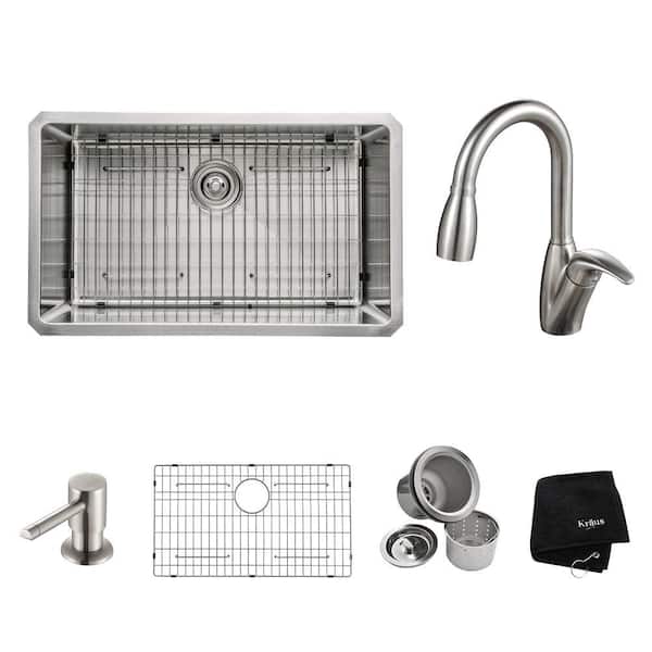 KRAUS All-in-One Undermount Stainless Steel 30 in. Single Bowl Kitchen Sink with Faucet and Accessories in Stainless Steel