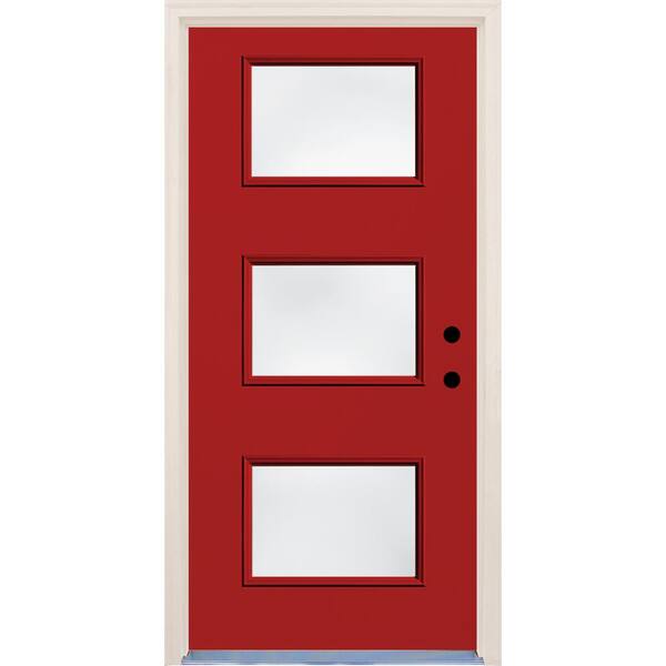 Builders Choice 36 in. x 80 in. Left-Hand Engine 3 Lite Clear Glass Painted Fiberglass Prehung Front Door with Brickmould