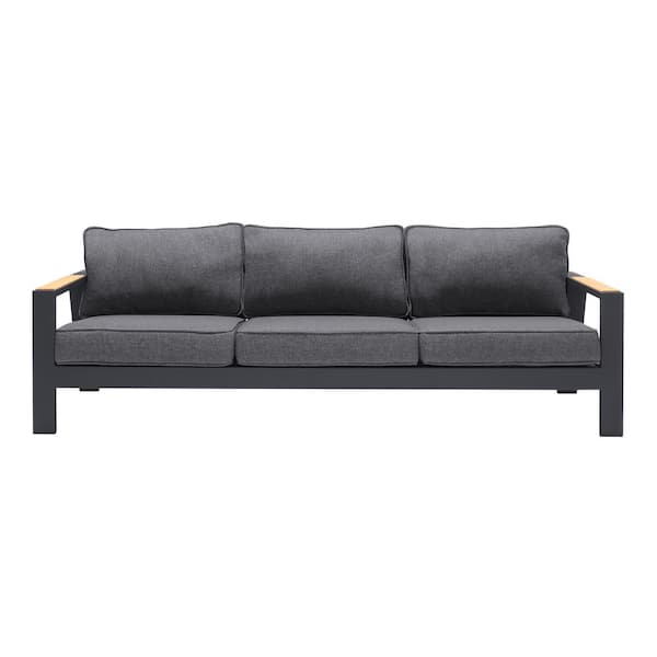 Armen Living Palau Black Aluminum Outdoor Patio Sofa with Langdale Grey Cushions and Natural Teak Wood Accents
