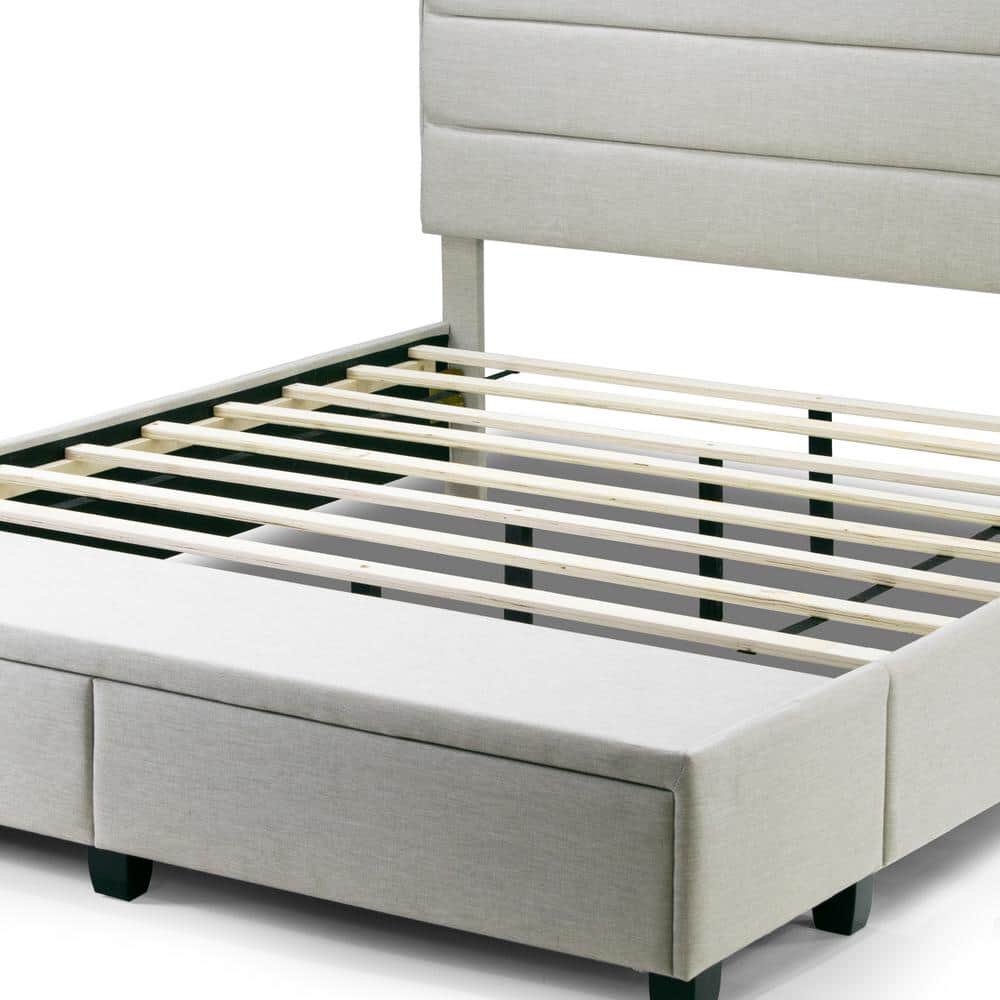 Beige King Upholstered Bed with Storage Drawers and Tufted Headboard