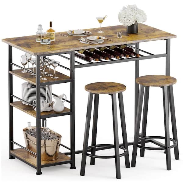 ComHoma 3-Piece Dining Set with Storage Shelves and 2-Stools Brown Wood Top Table Set