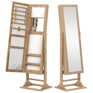 Natural Freestanding Lockable Jewelry Armoire with Full-Length Mirror and 6 LED Lights