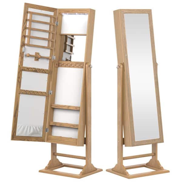 Unbranded Natural Freestanding Lockable Jewelry Armoire with Full-Length Mirror and 6 LED Lights