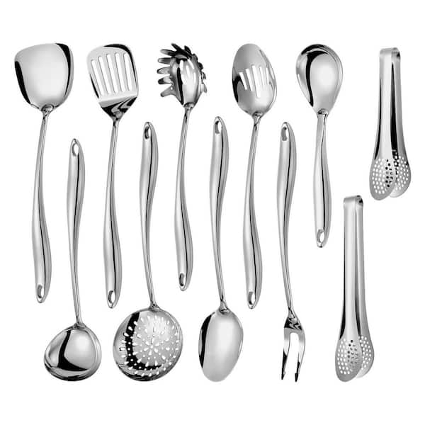 Stainlss Steel Kitchen Utensils Set with Spatula, Spoon, Ladle, Skimmer, Turner, Pasta Server, Tongs, Silver